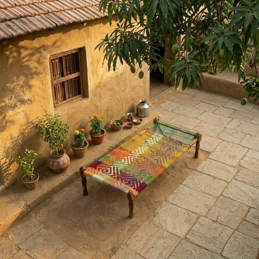 PRITI multi colour sheesham wood charpai with natural colourful rope