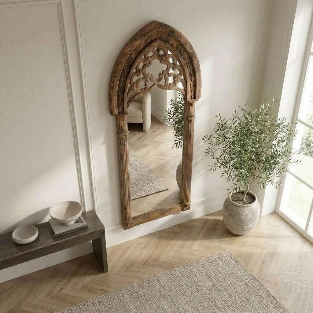 PRITI natural mango wood full-length mirror with arched frame