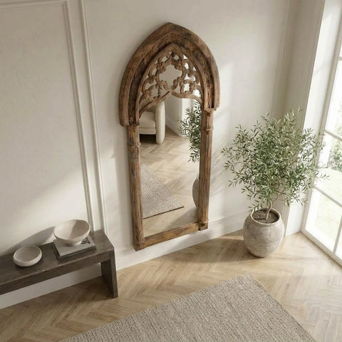 PRITI natural mango wood full-length mirror with arched frame