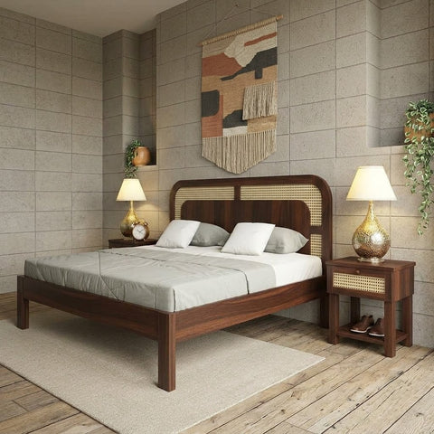 PRITI natural rattan bed with woven cane headboard