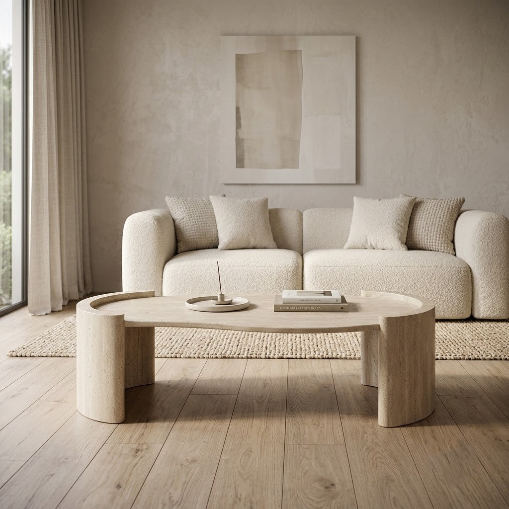 PRITI organic travertine coffee table arched leg detail