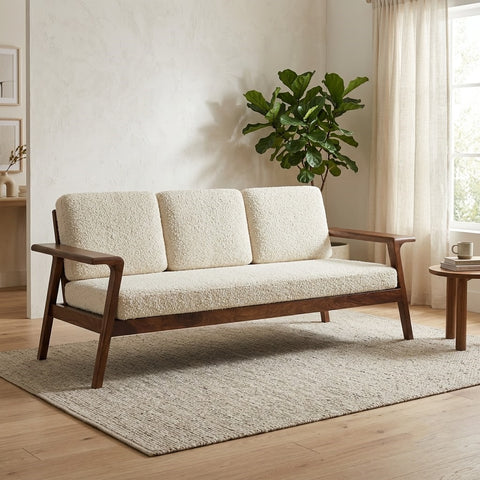 PRITI premium Sheesham wood 3 seater sofa in beige crème bouclé fabric