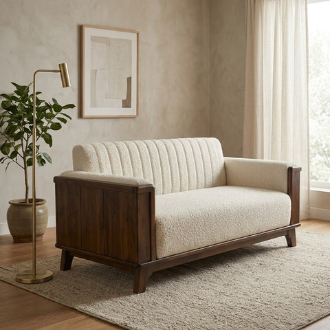 PRITI premium solid Sheesham wood sofa with textured beige upholstery