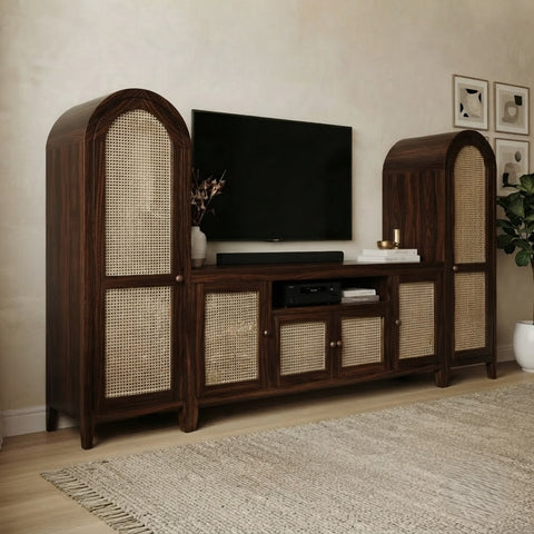 PRITI premium solid wood TV unit with cane panel cabinets in Dark Walnut Sheesham finish