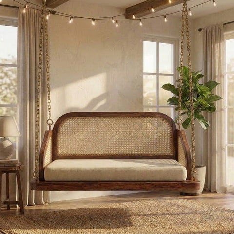 PRITI premium wooden jhula with natural cane backrest and boucle cushioned seat