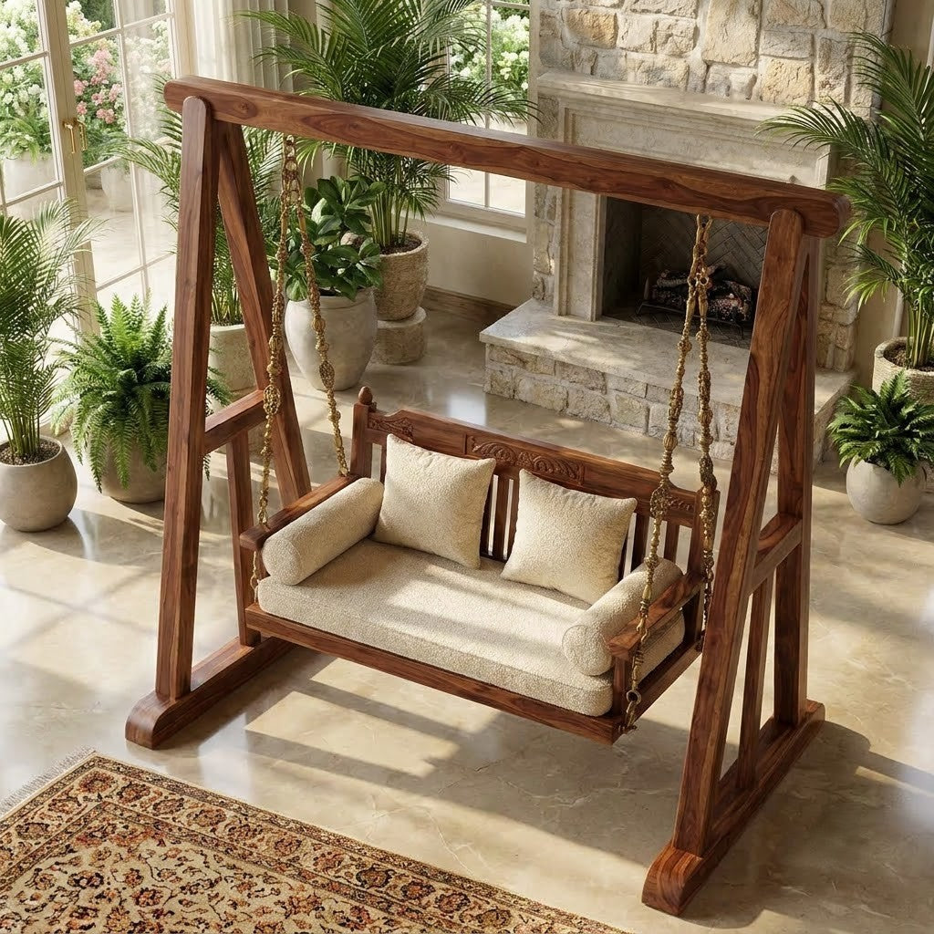 PRITI premium wooden jhula with solid Sheesham wood frame and boucle seat