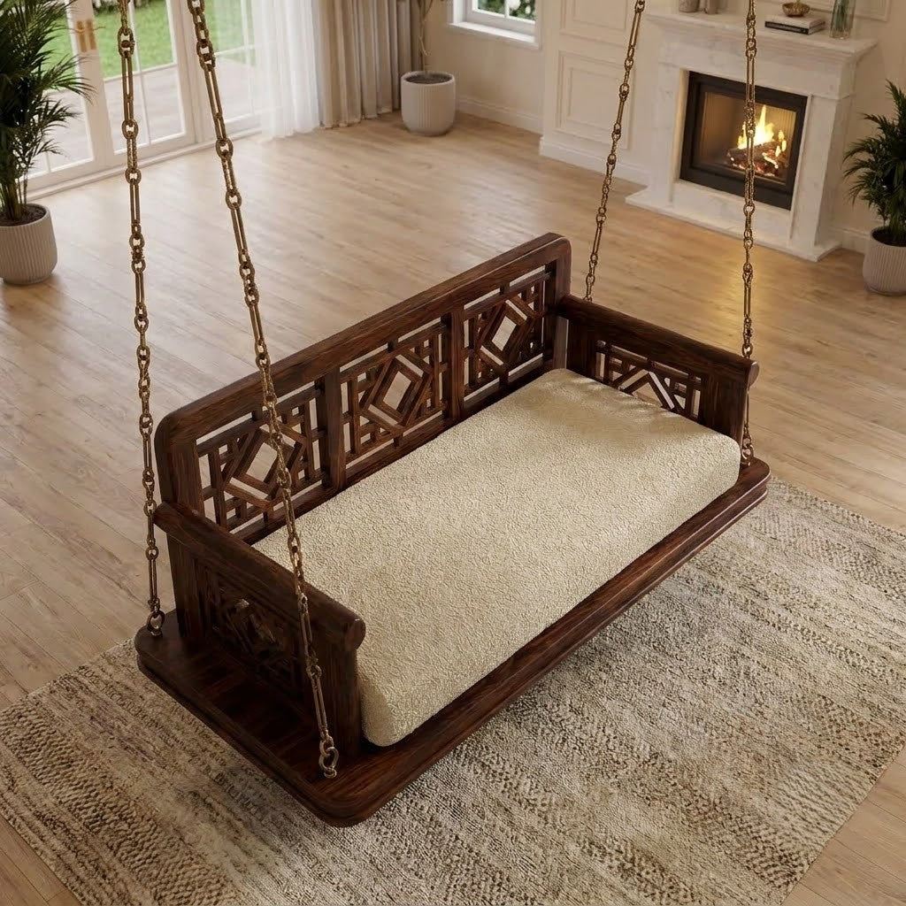PRITI premium wooden swing chair in Dark Walnut finish for living room