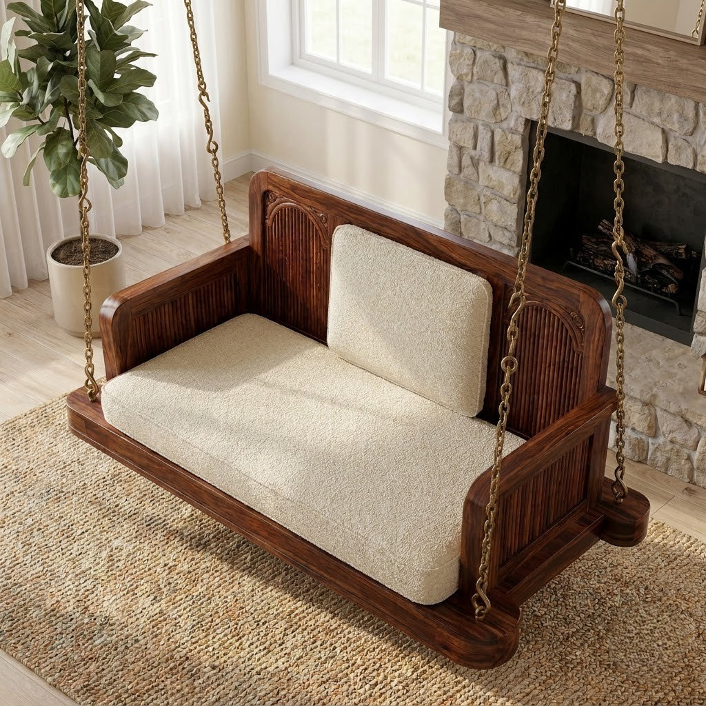 PRITI premium wooden swing chair with decorative wood panel detailing