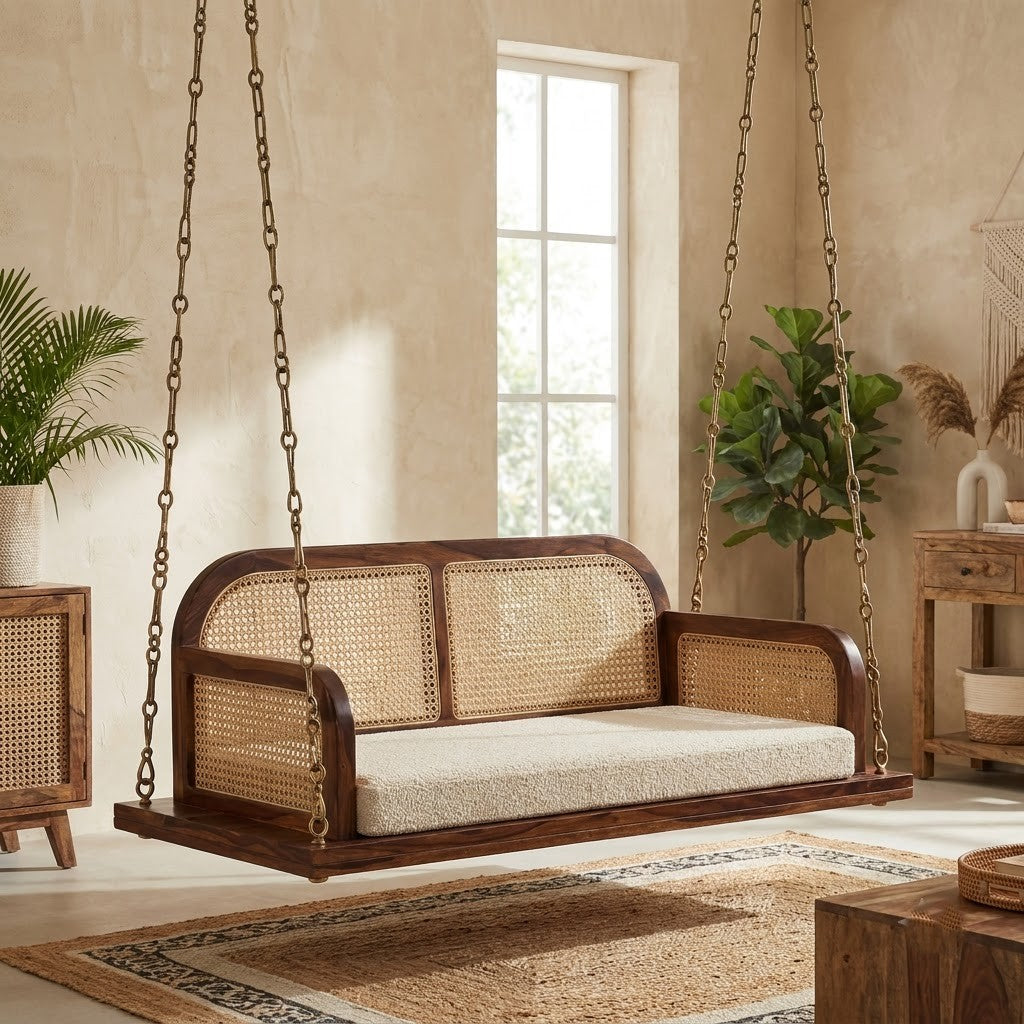 PRITI premium wooden swing with crème Boucle fabric and spacious cushioned seat