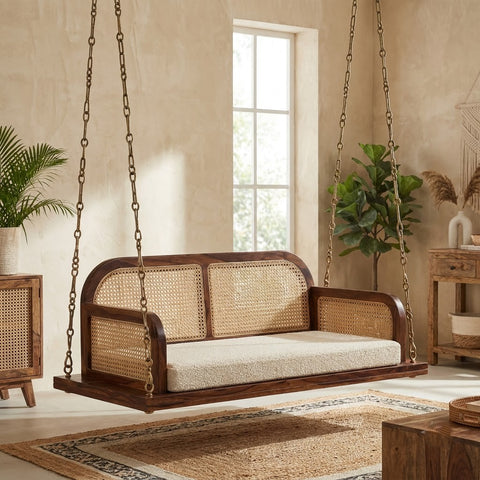 PRITI premium wooden swing with crème Boucle fabric and spacious cushioned seat