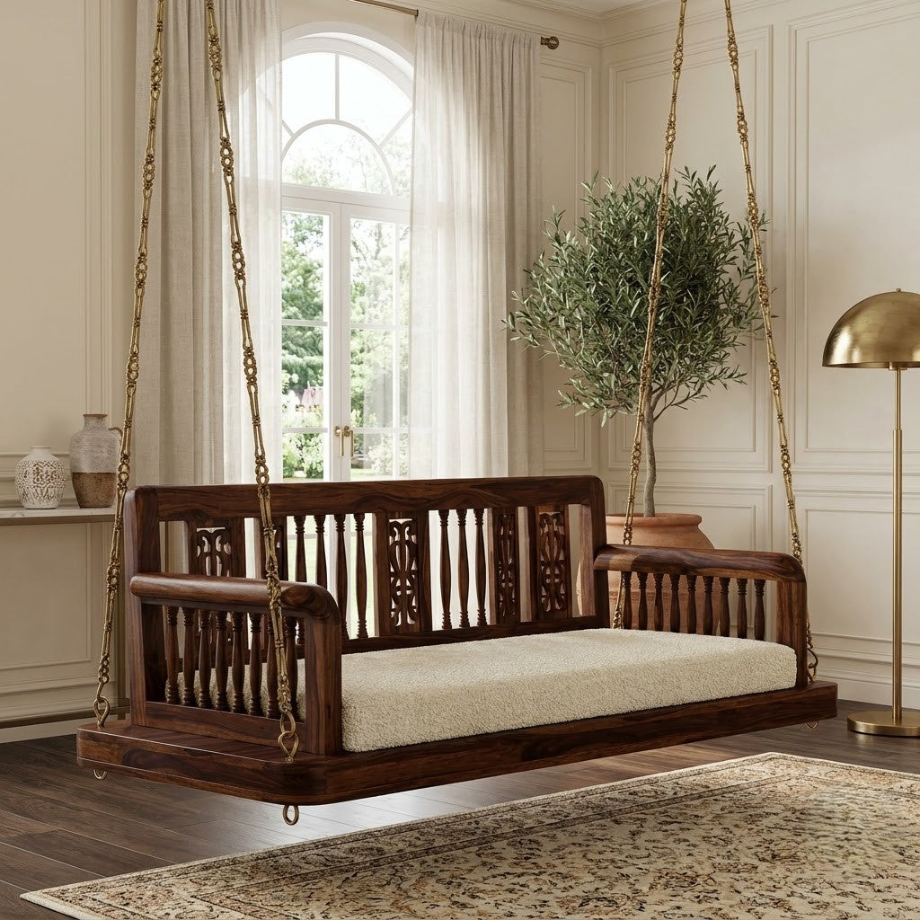 PRITI premium wooden swing with crème boucle upholstered seat and armrests