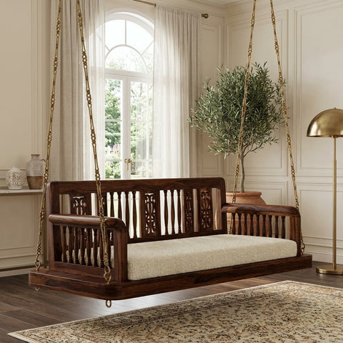 PRITI premium wooden swing with crème boucle upholstered seat and armrests