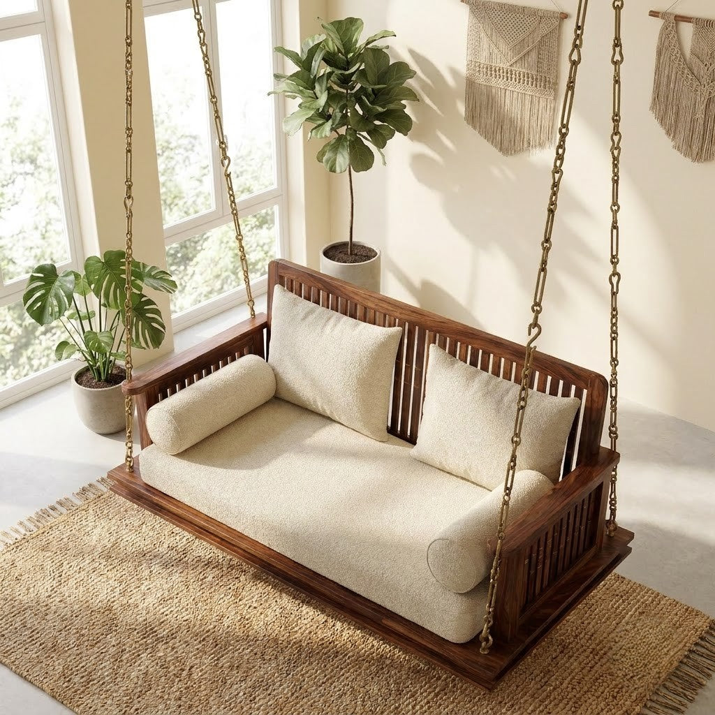 PRITI premium wooden swing with crème boucle upholstery and elegant armrests