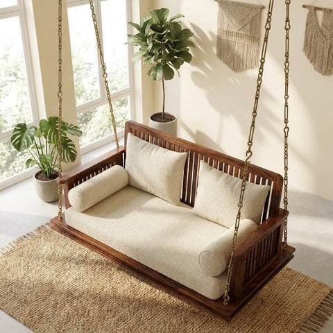 PRITI premium wooden swing with crème boucle upholstery and elegant armrests