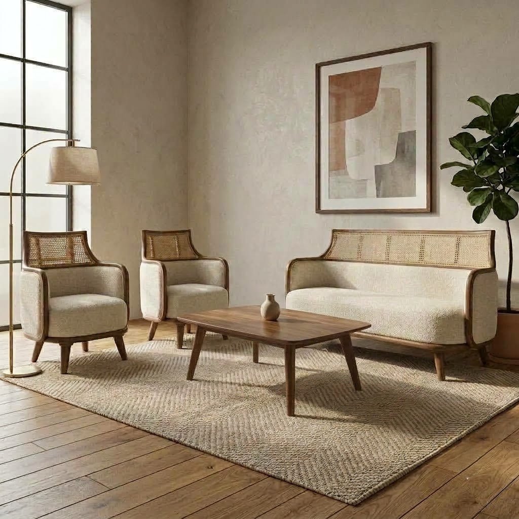 PRITI rattan mahogany wood sofa set with Crème Boucle fabric
