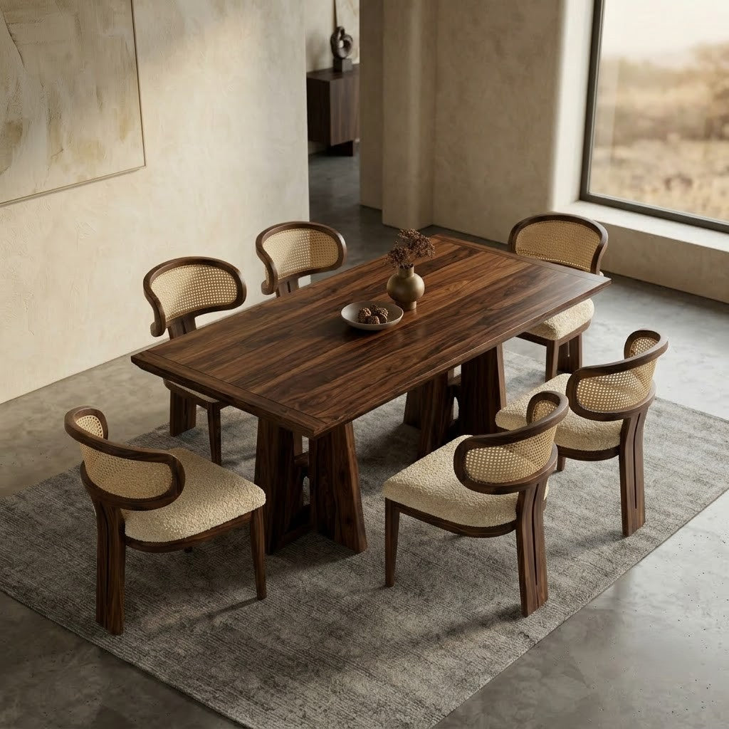 PRITI rectangular Sheesham dining table with boucle chairs
