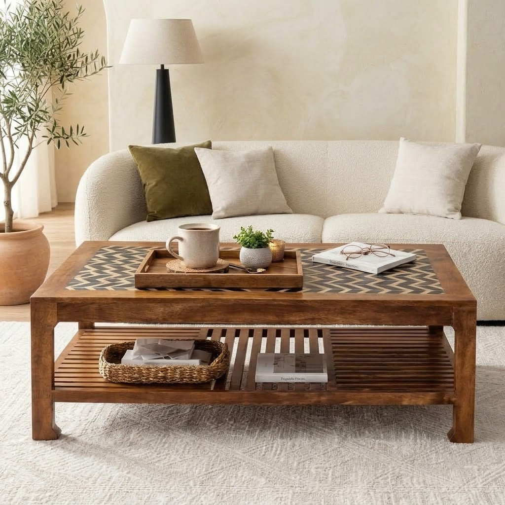 PRITI rectangular wooden coffee table in Natural Wood finish