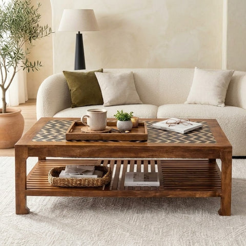 PRITI rectangular wooden coffee table in Natural Wood finish