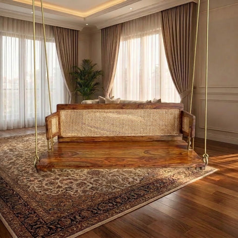 PRITI reversible Sheesham wood swing with cane back and Honey finish