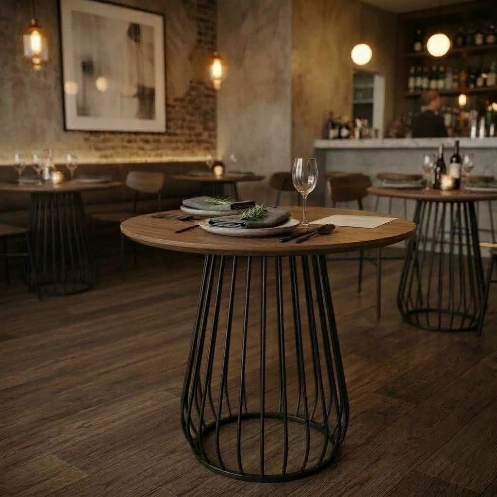 PRITI round teak cafe table with black metal