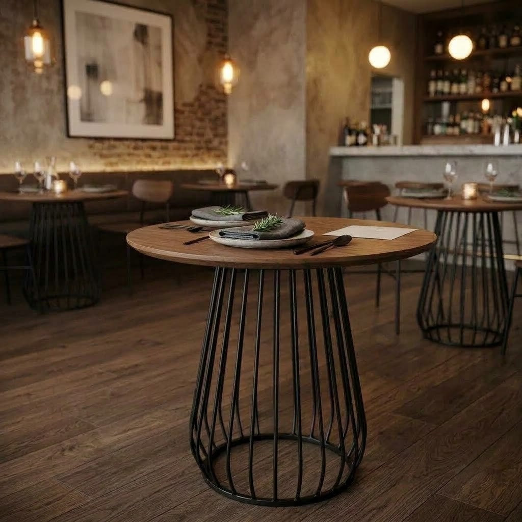 PRITI round teak cafe table with black metal cage style base in a restaurant