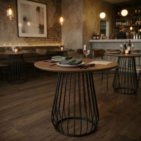 PRITI round teak cafe table with black metal