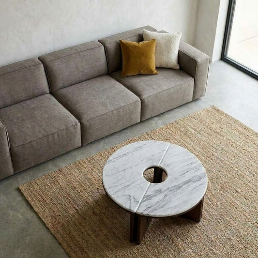 PRITI round white marble coffee table with wooden legs