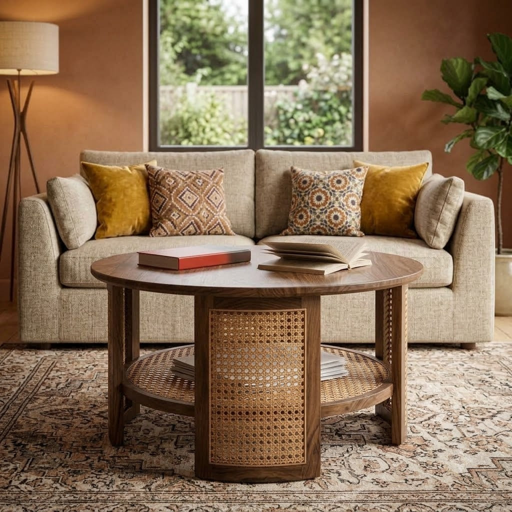 PRITI round wooden coffee table with cane storage shelf