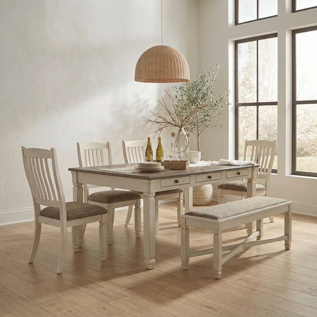 PRITI rustic dining furniture set with brown wood top and white finish