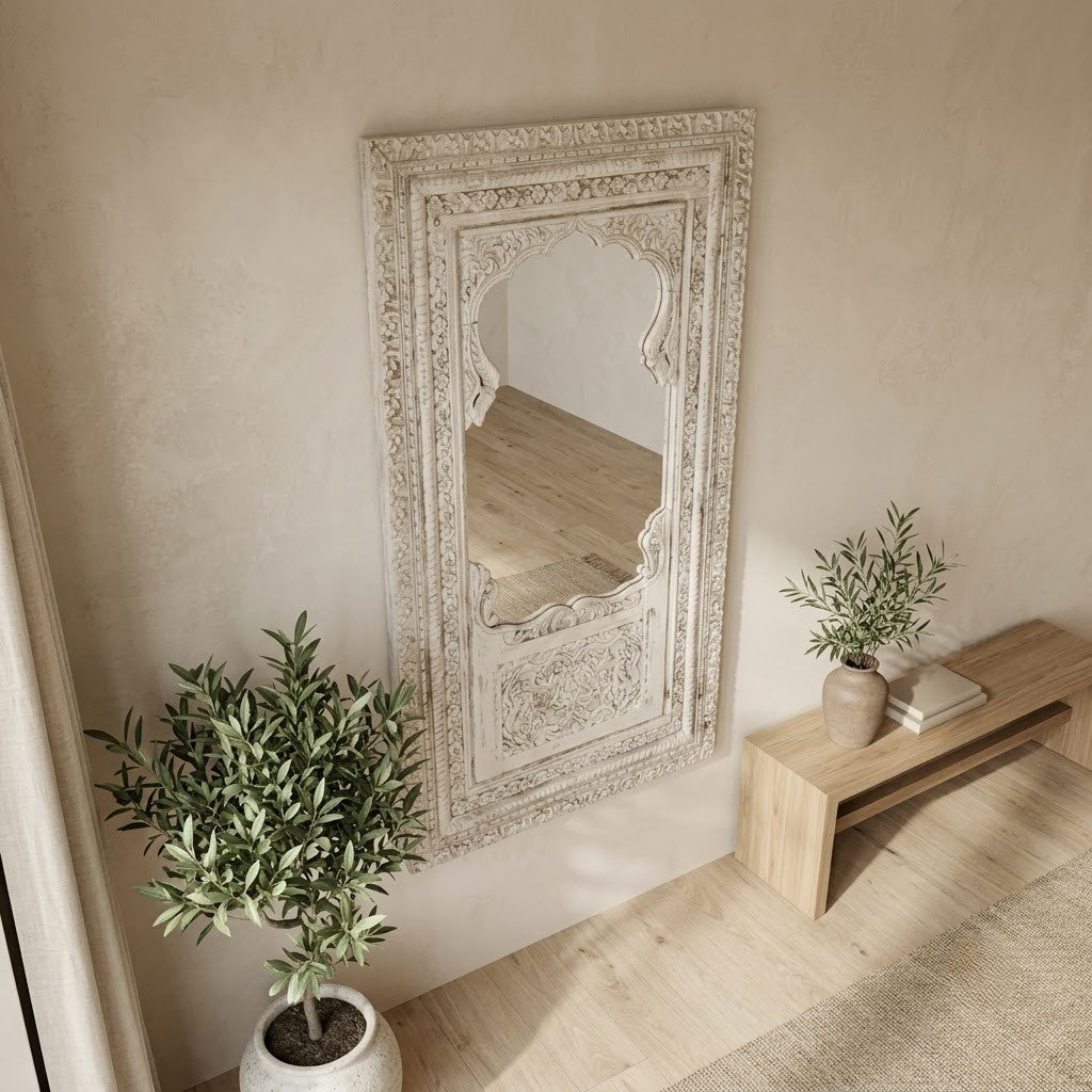 PRITI rustic vintage wall mirror with intricate carved wooden frame