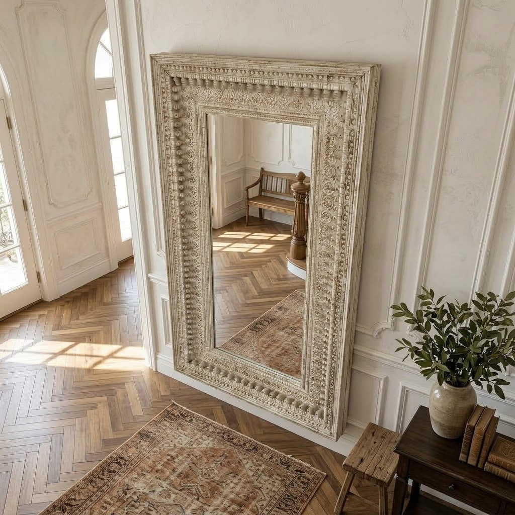 PRITI rustic white washed wooden mirror for bedroom wall decor