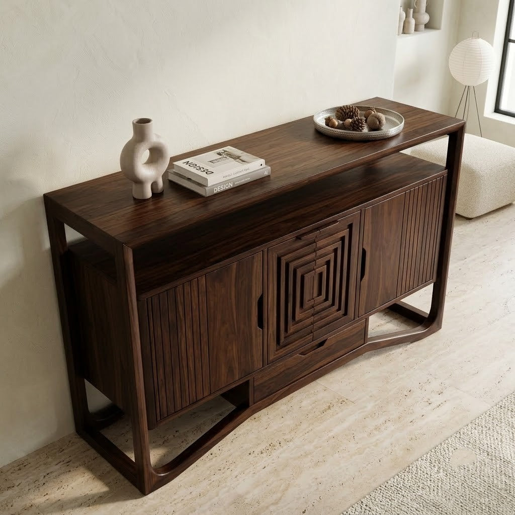 PRITI sheesham buffet cabinet styled with lamp and decor in a home entryway