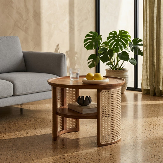 PRITI solid Mango Wood coffee table with woven cane side panels