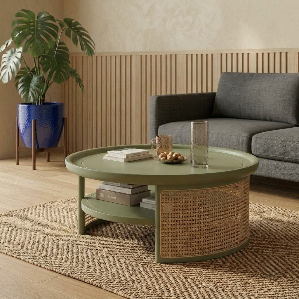 PRITI solid Mango Wood coffee table with woven cane storage shelf