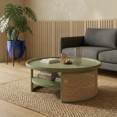 PRITI solid Mango Wood coffee table with woven cane storage shelf