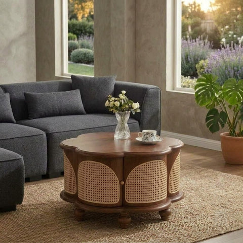 PRITI solid Mango Wood round coffee table with rattan panels
