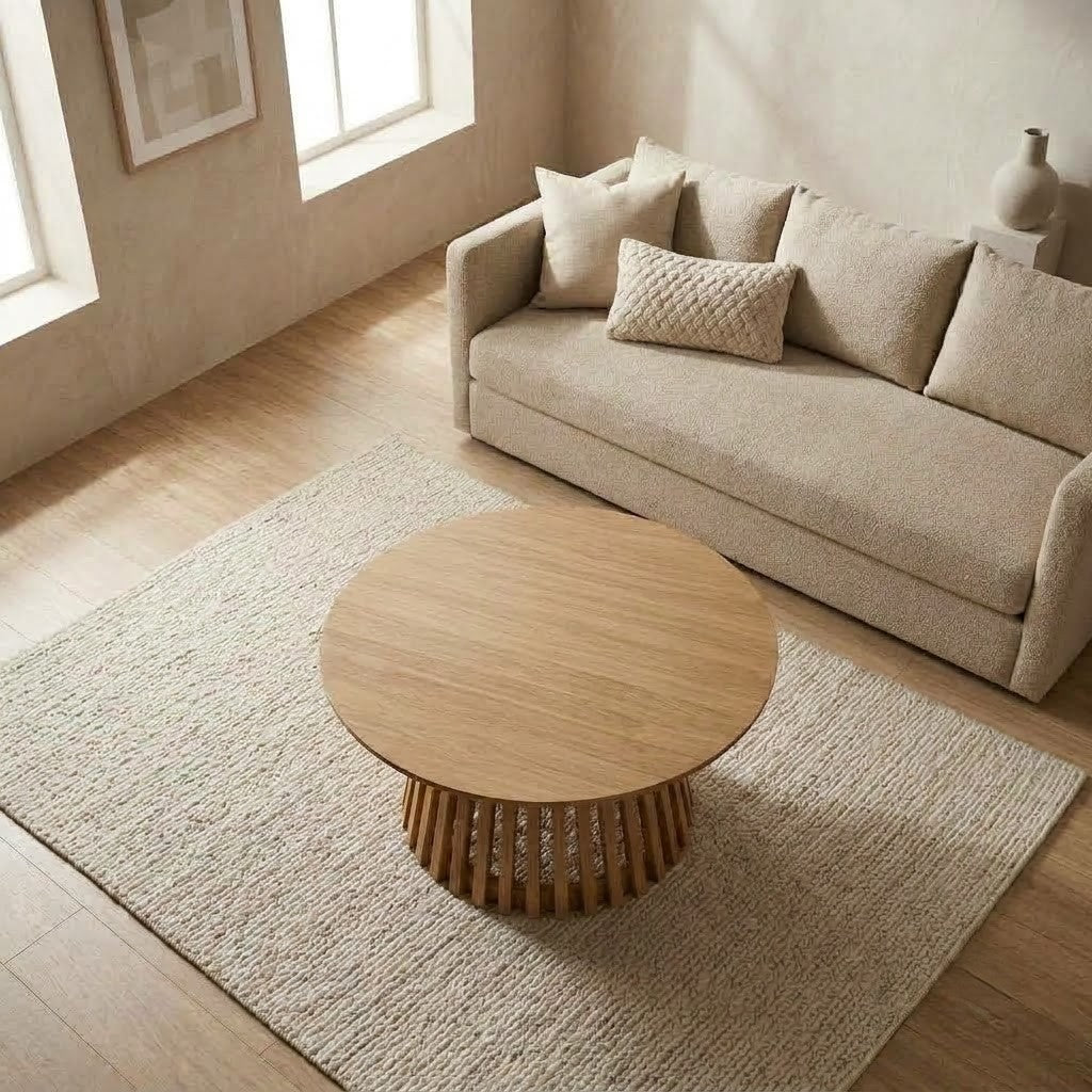 PRITI solid Mango Wood round coffee table with slatted pedestal base