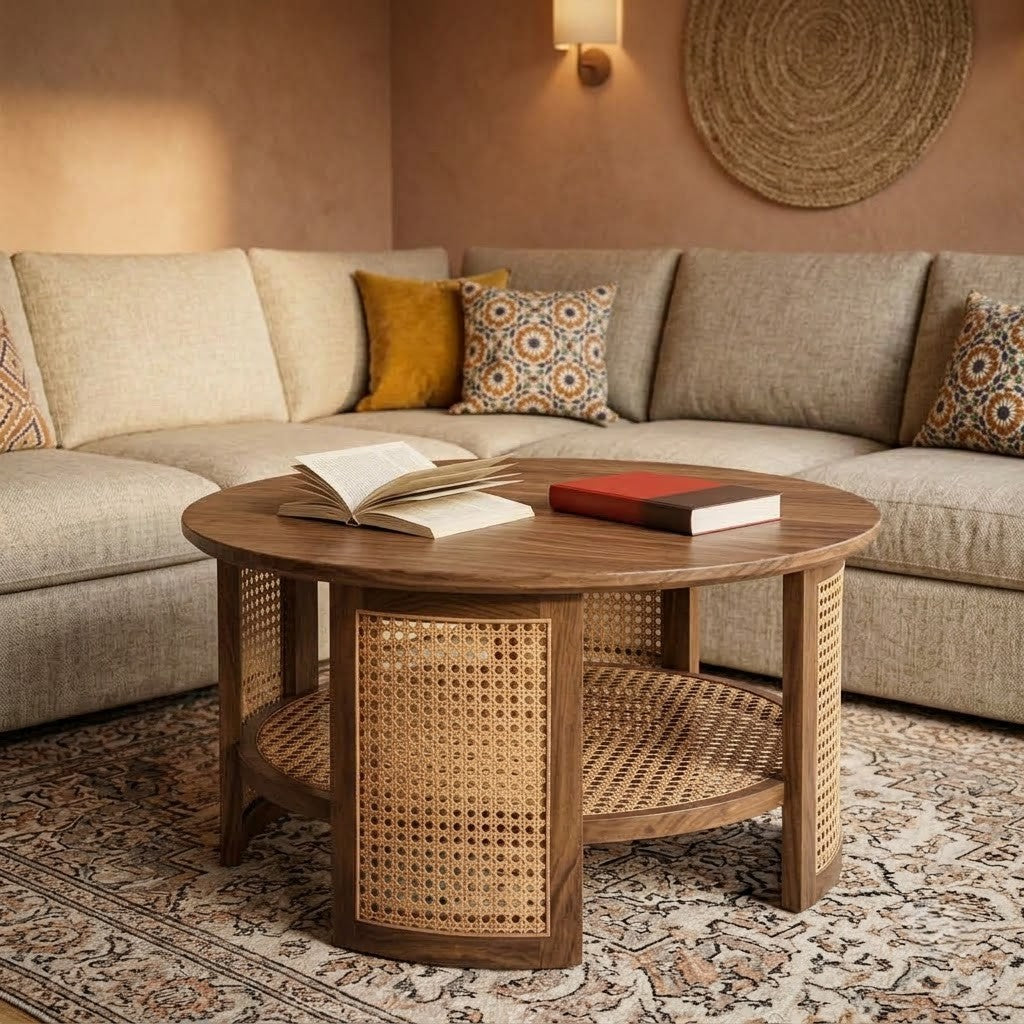 PRITI solid Sheesham Wood round coffee table with cane shelf