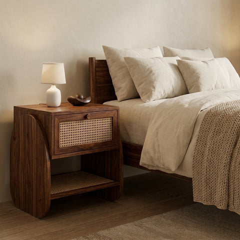 PRITI solid Sheesham wood bedside table with cane front