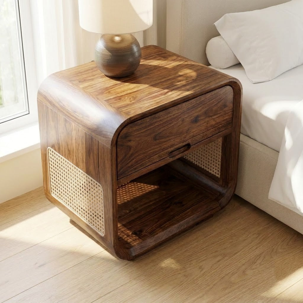PRITI solid Sheesham wood bedside table with drawer