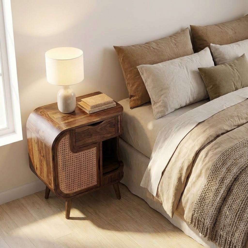 PRITI solid Sheesham wood bedside table with drawer and cabinet storage