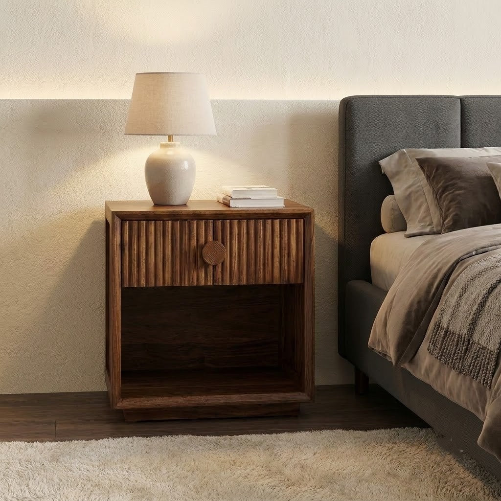 PRITI solid Sheesham wood bedside table with drawer and open storage