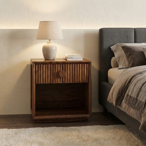PRITI solid Sheesham wood bedside table with drawer and open storage