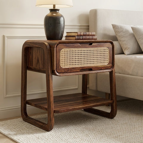 PRITI solid Sheesham wood bedside table with drawer and storage shelf