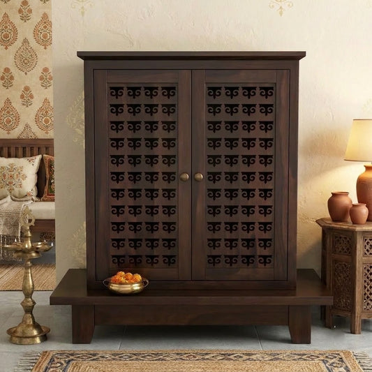 PRITI solid Sheesham wood home temple with carved doors