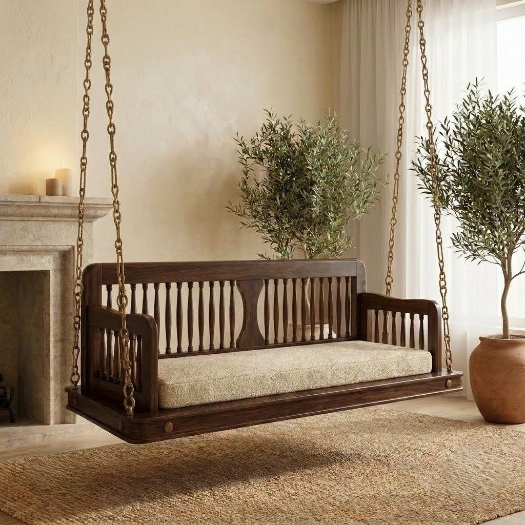 PRITI solid Sheesham wood wooden jhula with premium crème boucle seat