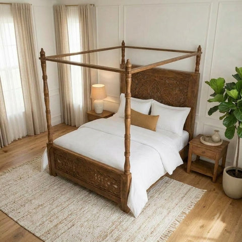 PRITI solid mango wood bed with carved footboard and teak finish