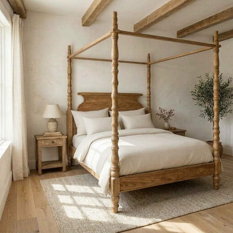 PRITI solid mango wood canopy bed frame with four-poster design