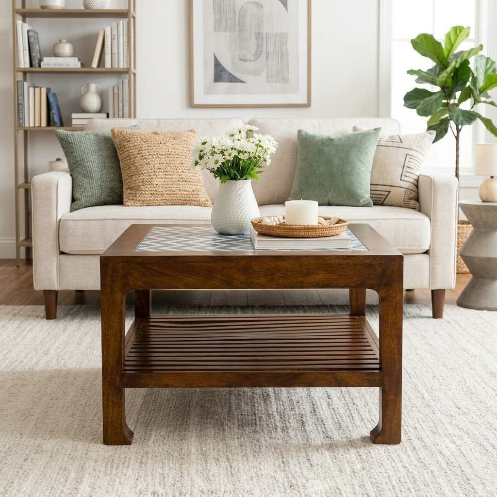 PRITI solid mango wood coffee table with open storage shelf for modern living room