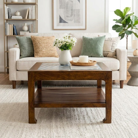 PRITI solid mango wood coffee table with open storage shelf for modern living room
